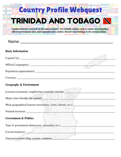 Country Profiles: Trinidad and Tobago Webquest Worksheet