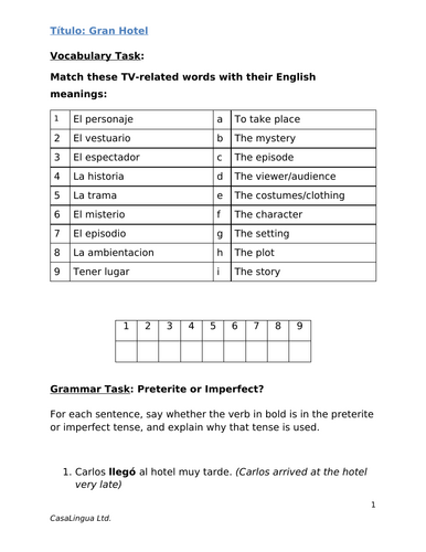 "Gran Hotel": Spanish Listening/Comprehension activities and grammar tasks (KS5/post beginners)
