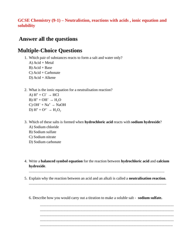 Edexcel GCSE(9-1) acid base related ionic equations worksheet