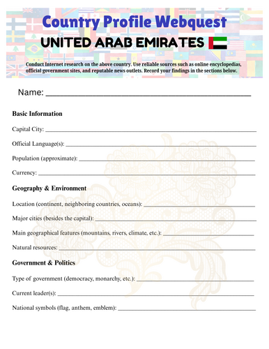 Country Profiles: United Arab Emirates (UAE) Webquest Worksheet