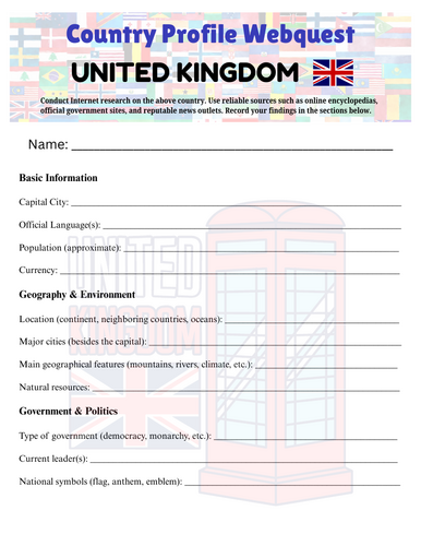 Country Profiles: United Kingdom (UK) Webquest Worksheet
