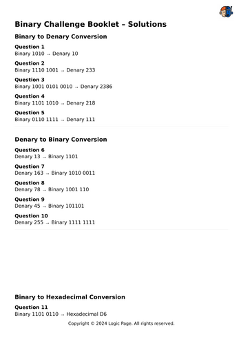 Data Representation Challenge Booklet GCSE Computer Science