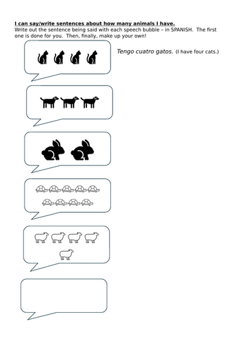 Primary Spanish: 'tengo' + numbers 1-10 + pets (plural)