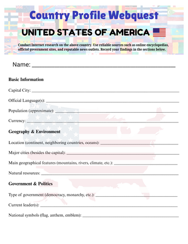 Country Profiles: United States of America (USA) Webquest Worksheet