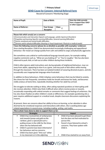 SEND Cause for Concern – Internal Referral Form  Record of Concern / Monitoring Stage