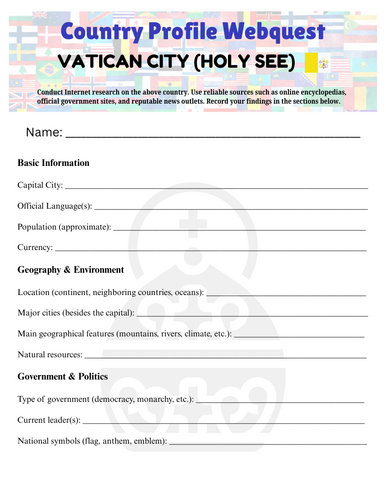 Country Profiles: Vatican City (Holy See) Webquest Worksheet