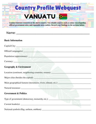 Country Profiles: Vanuatu Webquest Worksheet