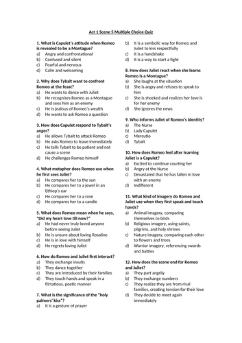 Romeo and Juliet - Act 1 Multiple Choice Quizzes