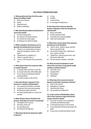 Romeo and Juliet - Act 3 Multiple Choice Quizzes