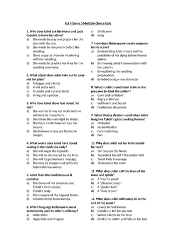 Romeo and Juliet - Act 4 Multiple Choice Quizzes