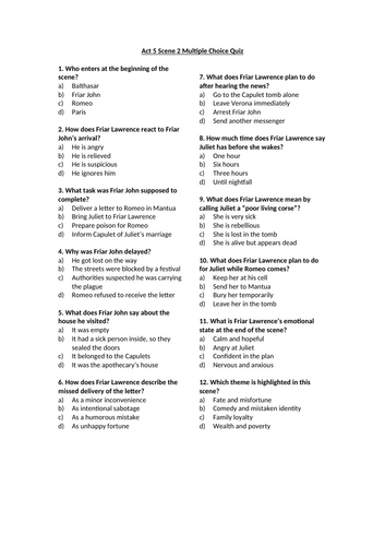 Romeo and Juliet - Act 5 Multiple Choice Quizzes