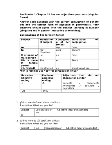 Realidades 1 Chapter 1B Ser and adjectives questions (singular forms)