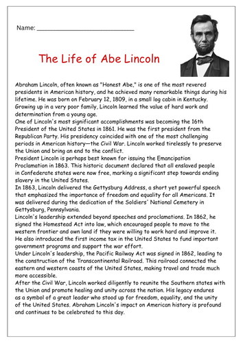 Abraham Lincoln Reading Comprehension Worksheets - Civil War & Leadership