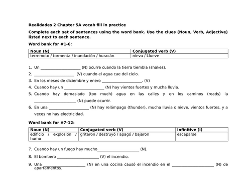 Realidades 2 Chapter 5A vocab fill in practice