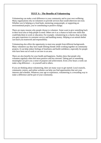 Functional Skills: Reading Assessment-Volunteering