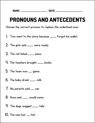 Pronouns and Antecedents Worksheets