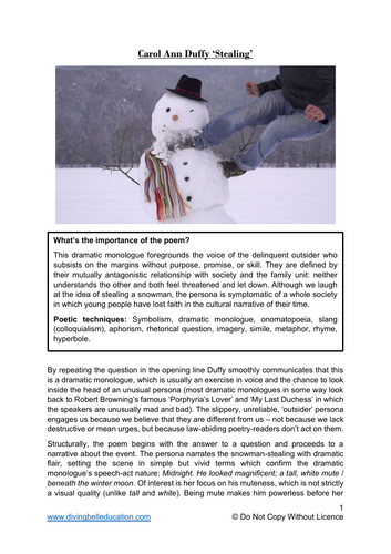 Close reading notes: Carol Ann Duffy, 'Stealing'