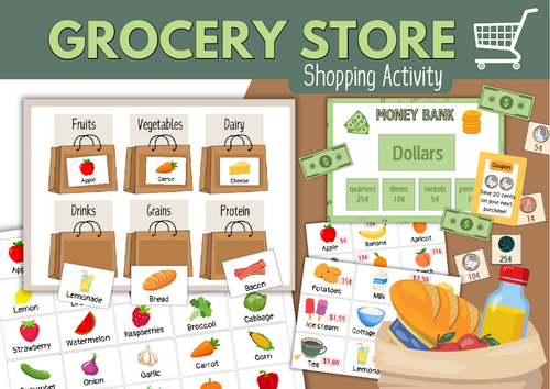 Grocery Store Shopping Activity. Counting Money Coins Math Game.