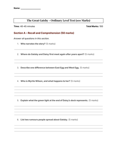 The Great Gatsby – Ordinary Level Test (100 Marks)