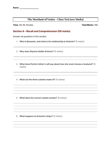 The Merchant of Venice – Junior Cycle ClassTest (100 Marks)