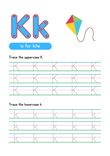 Letter K Tracing Worksheet, Alphabet Handwriting Practice, 6 pages