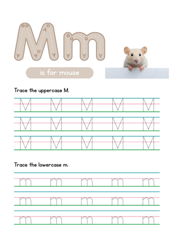 Letter M Tracing Worksheet, Alphabet Handwriting Practice, 6 pages
