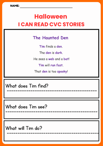 Halloween Reading comprehension CVC Stories