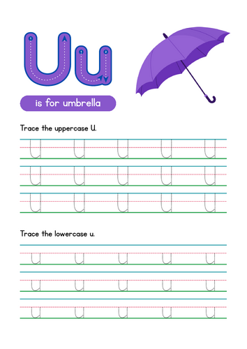 Letter U Tracing Worksheet, Alphabet Handwriting Practice, 6 pages