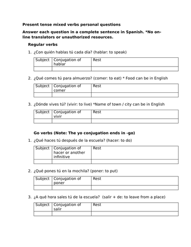 Present tense mixed verbs personal questions