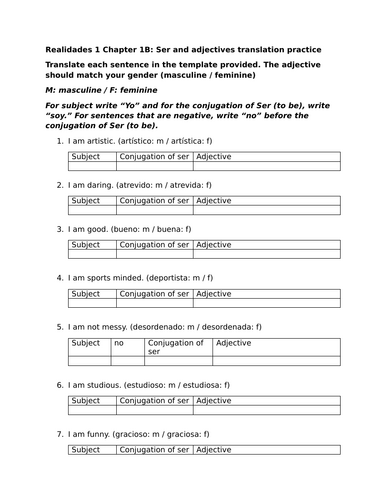 Realidades 1 Chapter 1B: Ser and adjectives translation practice