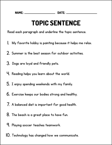 Mastering Topic Sentences Comprehensive Writing & Reading Worksheets