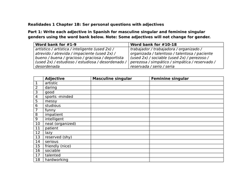 Realidades 1 Chapter 1B: Ser personal questions with adjectives