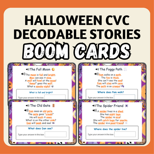 Halloween Reading Comprehension CVC Decodable Stories BOOM Cards™ with Audio
