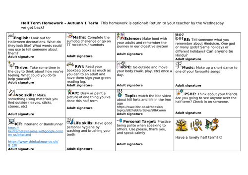 Editable Autumn half term homework