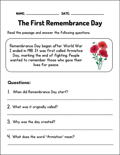Remembrance Day Reading Comprehension Passages & Questions Worksheets