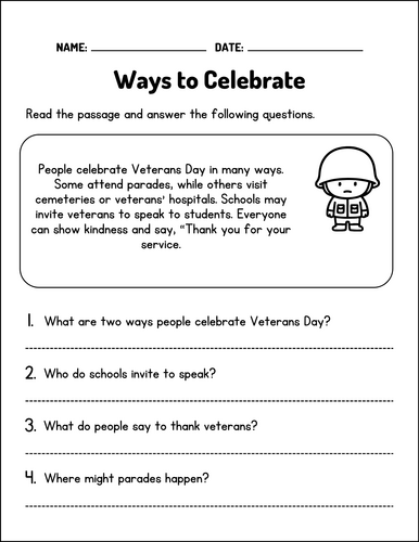 Veterans Day Reading Comprehension Passages Questions Worksheets