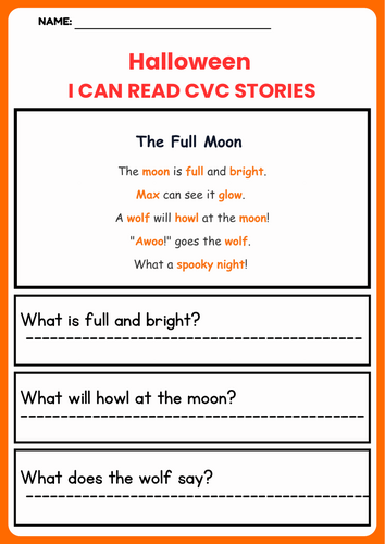 Halloween Reading Comprehension CVC Decodable Short Stories worksheets