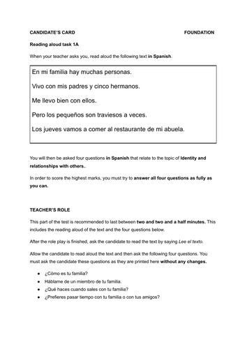 New GCSE Spanish 2026- AQA - Read aloud task- Foundation and Higher Speaking - FREE SAMPLE