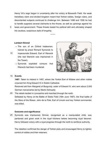 GCSE/KS4 Making of the UK - Henry VII Threats and Rebellions: Information and Worksheets