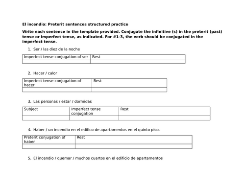 El incendio: Preterit sentences structured practice