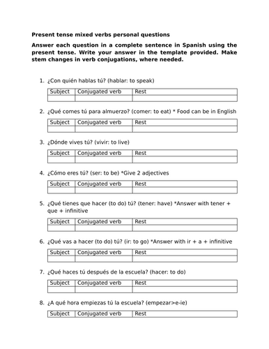 Present tense mixed verbs personal questions