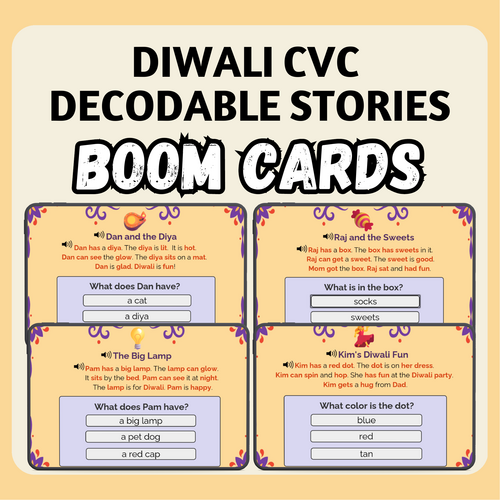 Diwali Reading Comprehension CVC Decodable Stories BOOM Cards™ with Audio