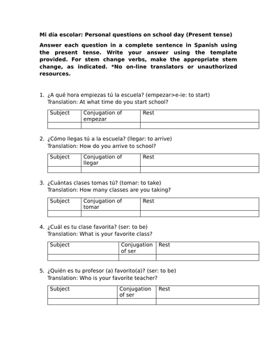 Mi día escolar: Personal questions on school day (Present tense)