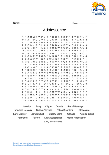Adolescence Wordesearch