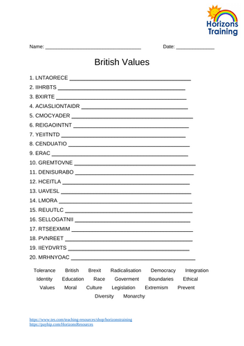 British Values Word Scramble Worksheet