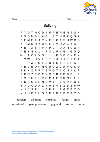 Bullying Wordsearch