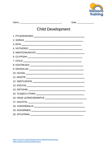 Child Development Word Scramble Worksheet