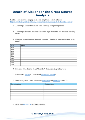 Death of Alexander the Great Source Analysis Worksheet