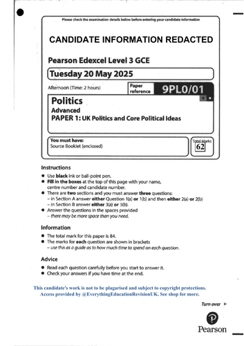 A-Level Edexcel Politics Paper 1 2025 Series Copy of Script with Marked ...