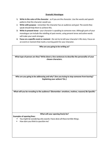 Dramatic Monologue Planning Worksheet